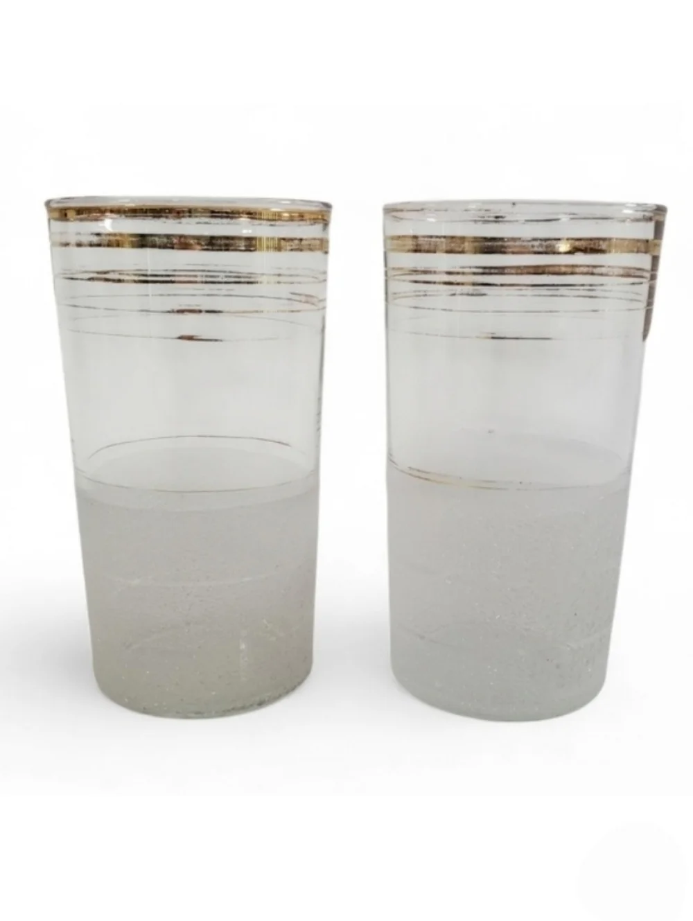 Frosted Highball Glasses with Gold Banding MCM Barware Set of 2 Vintage